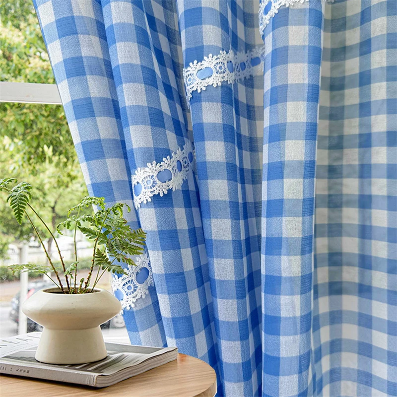 Сетчатая кружевная занавеска в синюю полоску с вышивкой Короткая для балкона