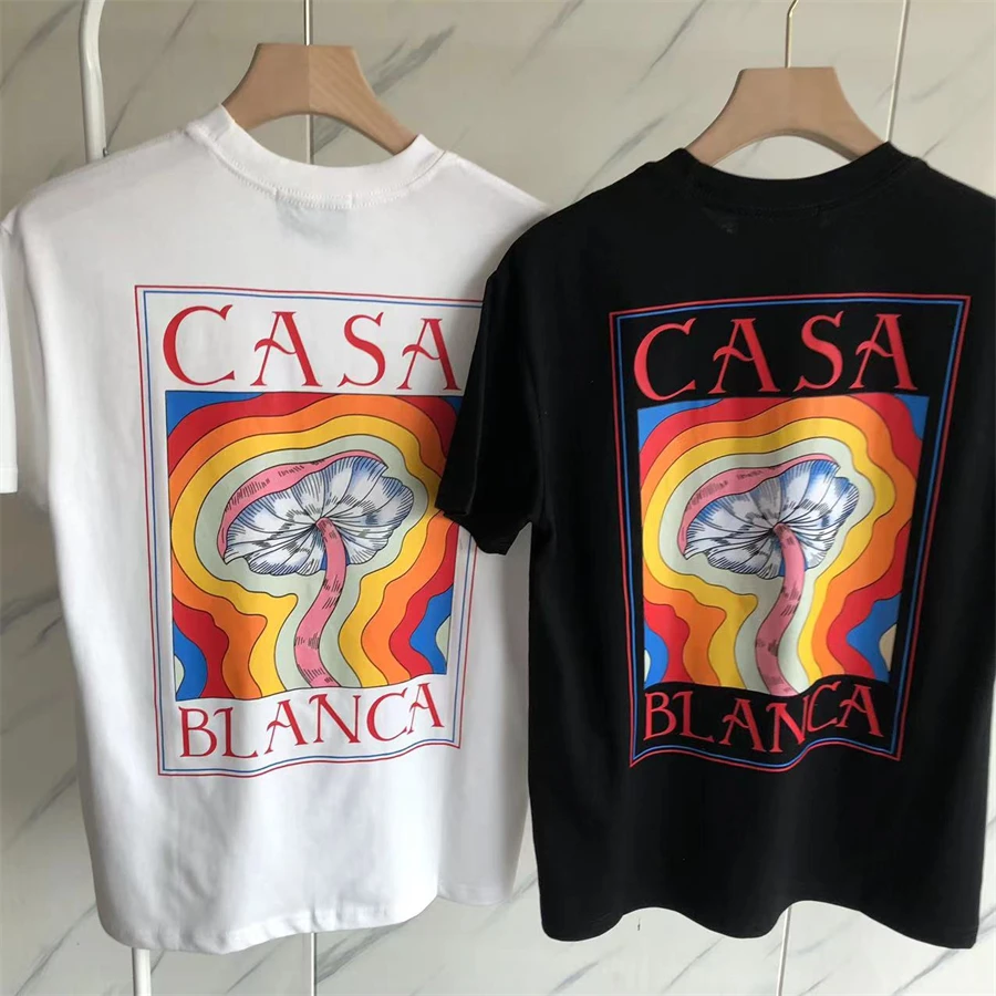 

23SS New Casablanca Mushroom T Shirts Cotton Men Women Casual Couple Black White Classic Short Sleeve Tops Tee