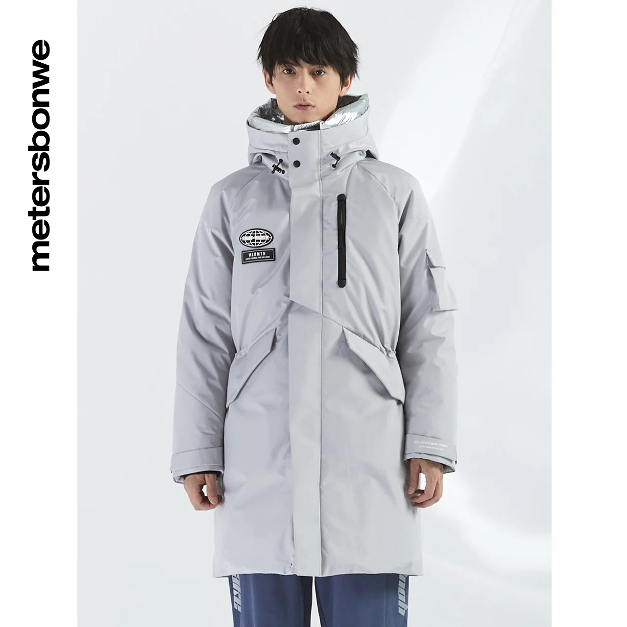 Metersbonwe  Solid Color Down Jacket Men Winter Warm 80% Gray Duck Down Hooded  Anti-snow Medium Length  Warm Down
