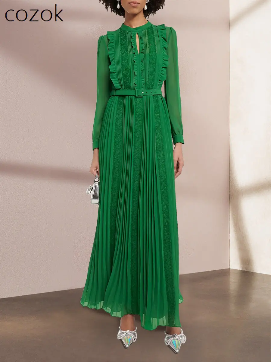 

Elegant Green Dress 2023 High-Grade Luxury Dress French Style Fashion High Waist Slim Big Hem Stand Collar Women's Pleated Dress