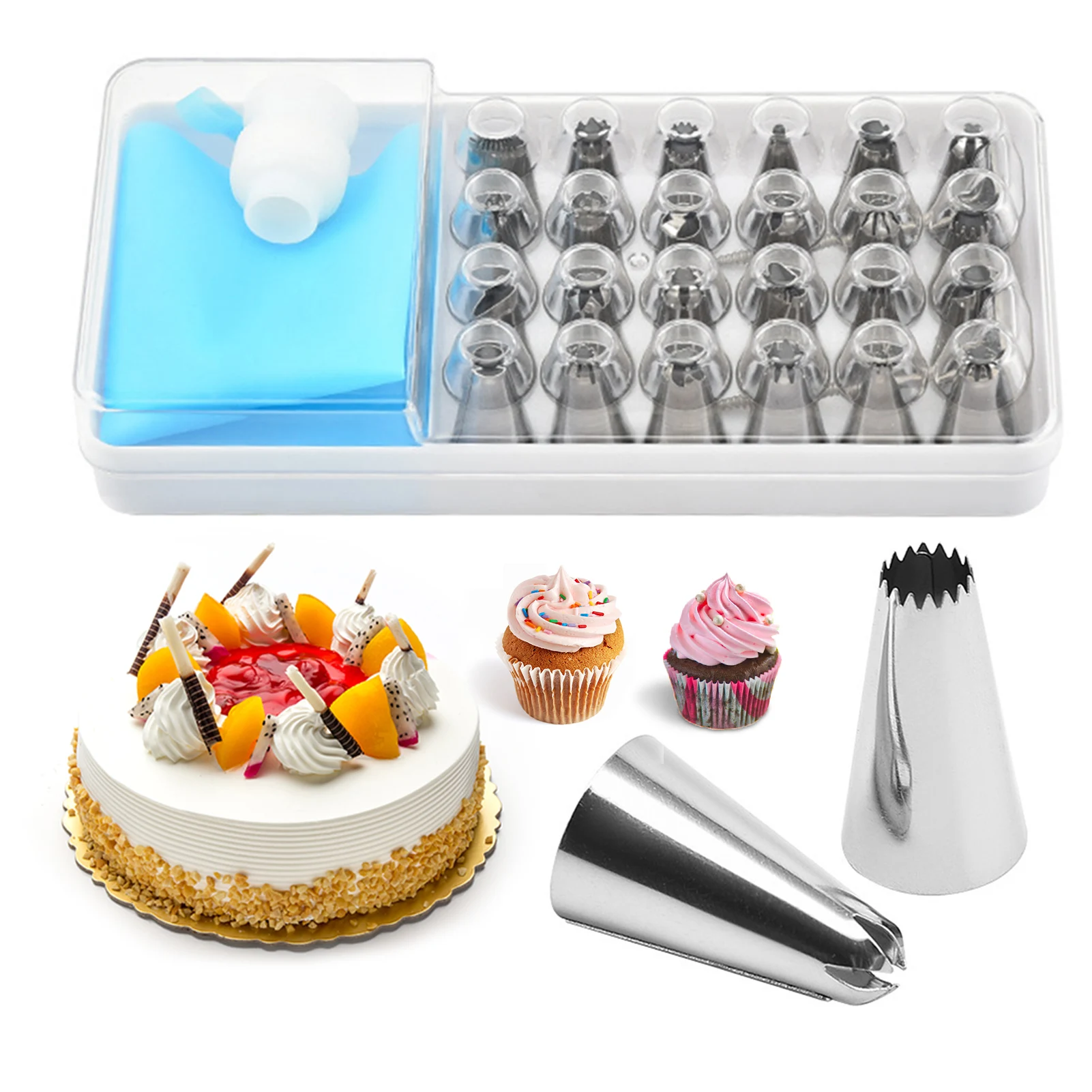 

28pcs Decorating Frosting Baking Tool Stainless Steel Restaurant Flower Nail Piping Bag Tip Set DIY Storage Case Cupcake Cream