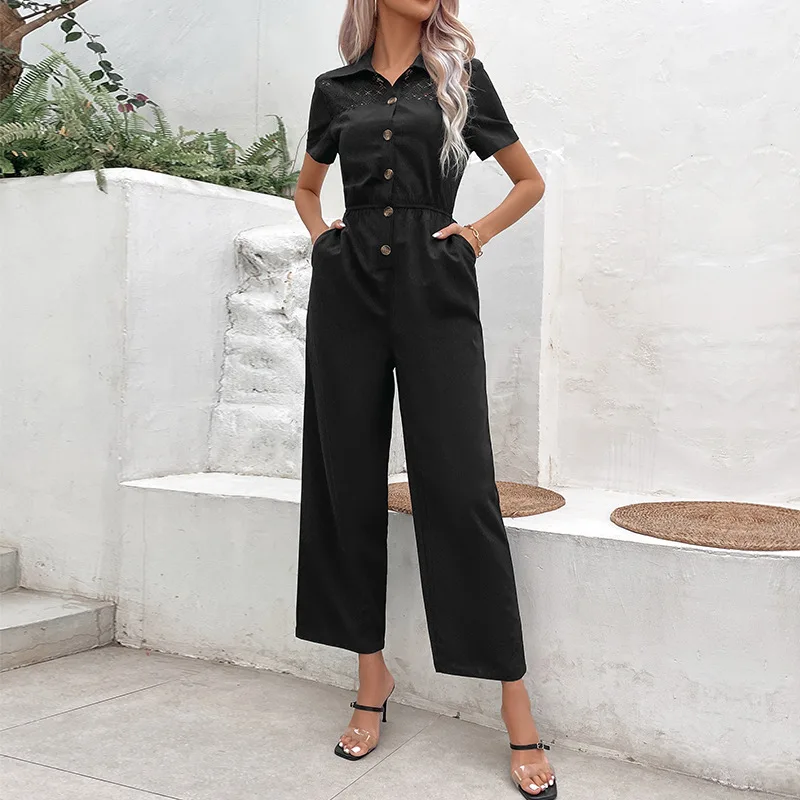 2023 Summer New Women's Clothing Lapel Commuter Style Solid Color Waist Straight Jumpsuit Women One Piece Outfit Women