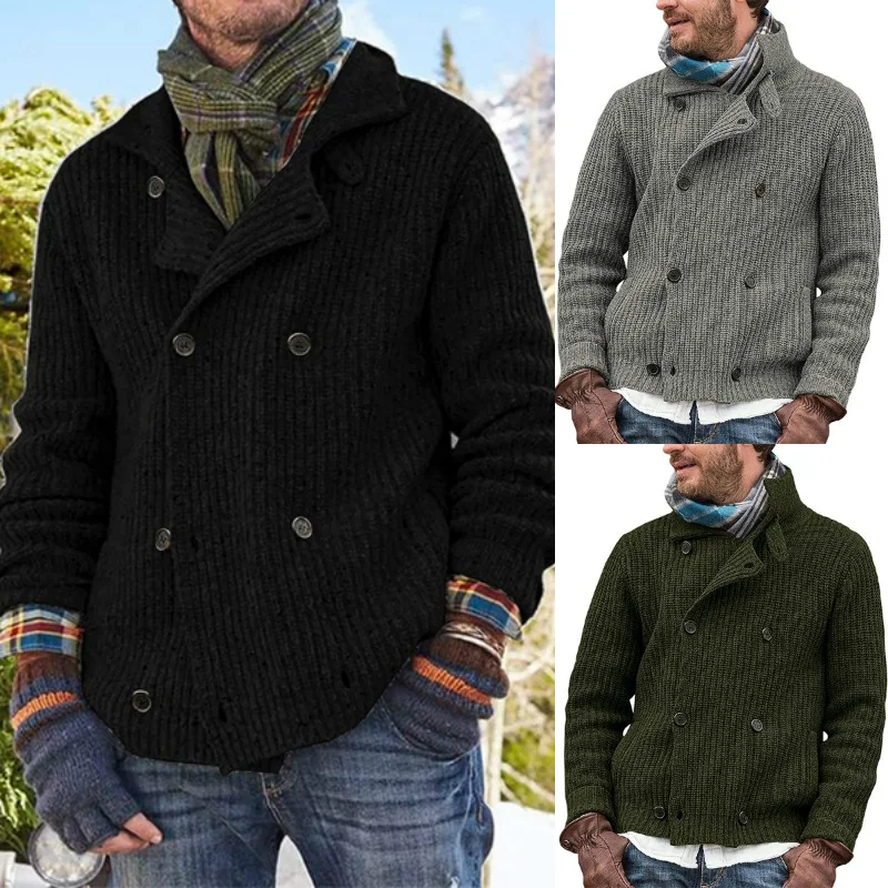 

New Mens Winter Warm Solid Long Sleeve Knit Cardigan Tops Vintage casual Male Turndown Collar Buttoned Sweater Coat Streetwear