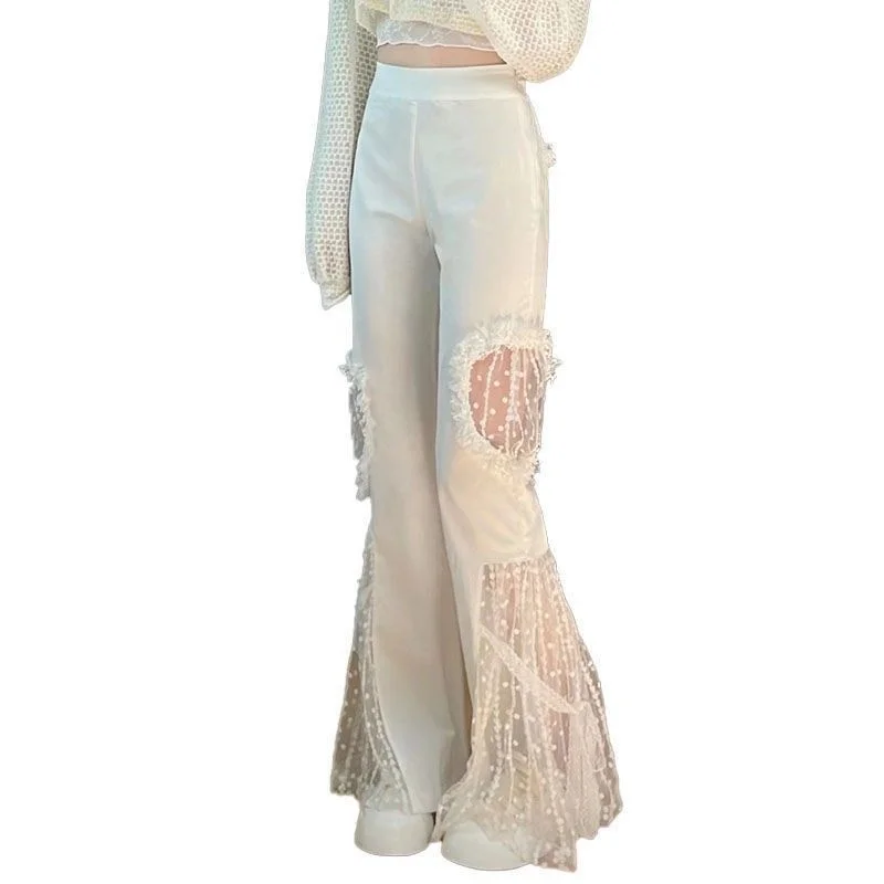 

Women Flare Pants High Waist Fashion Lady Stretch Hollow out Lace Women's White Pant Big Size Full-Length Wide Leg