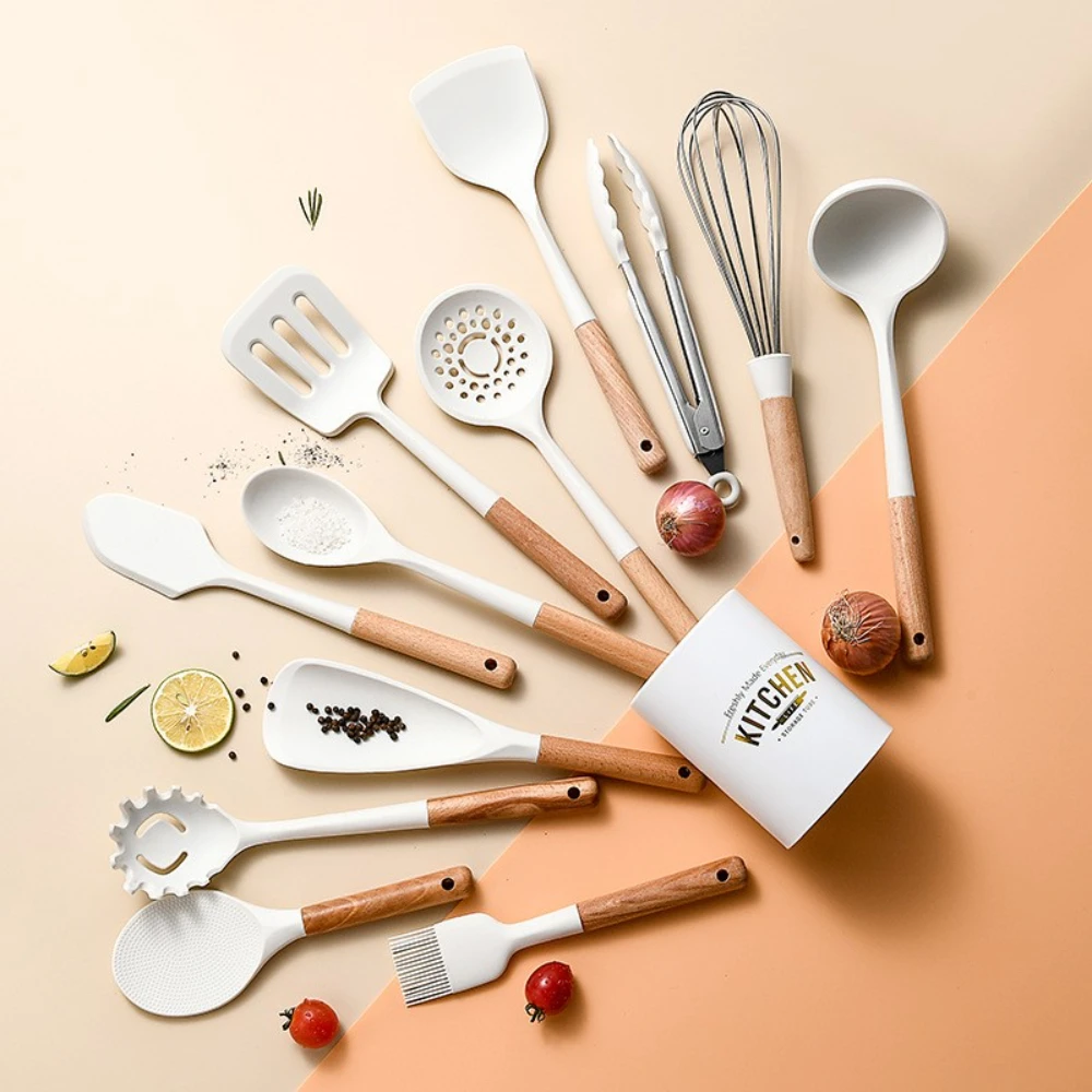 

Silicone Cooking Utensils Set Kitchenware Non-stick Cookware Spatula Shovel Egg Beater Spoon Wooden Handle Kitchen Cooking Tool