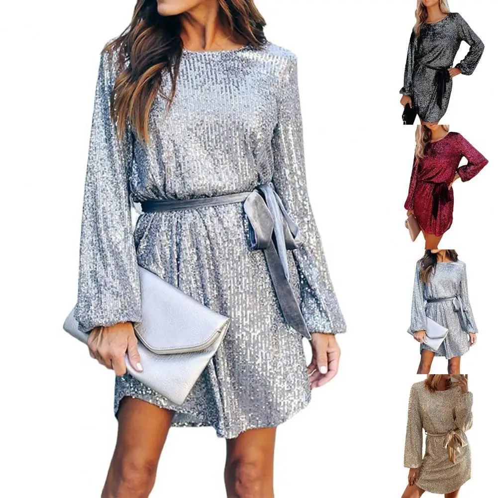 

Women Dress Eye-catching Long Sleeve Polyester Fashion Glitter Sequins Club Mini Dress for Dating