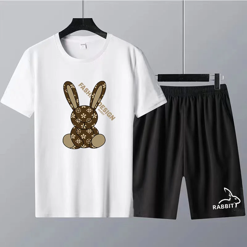 Summer Cotton T-Shirt Men's Fashion Luxury Brand Streetwear Solid Color Printing Cartoon Rabbit Short Sleeve Unisex Men's Suit