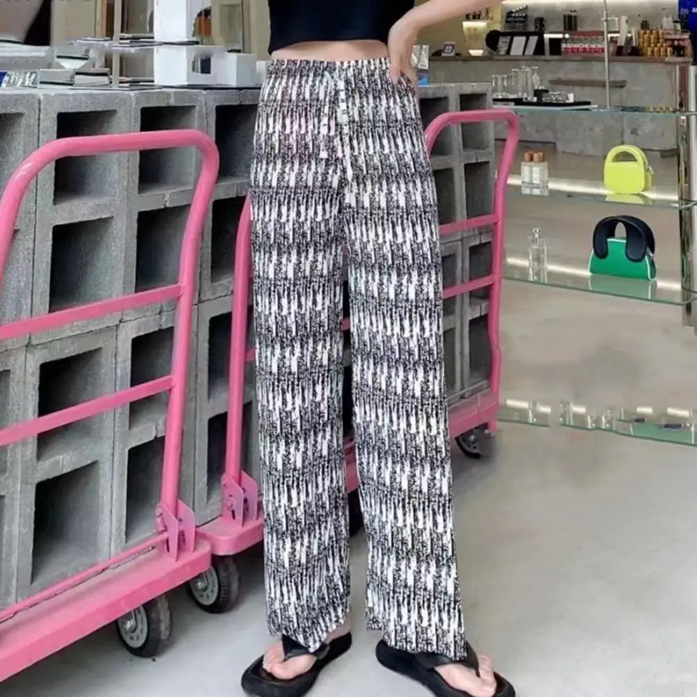 

Women Pants Casual Ice Silk Straight Wide Leg Summer Pants High Waist Elastic Waistband Drawstring Trousers