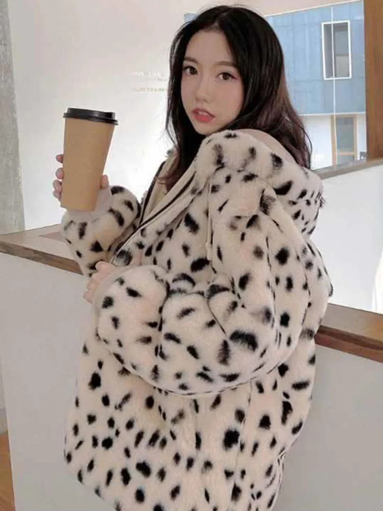 

JMPRS Winter Women Leopard Faux Fur Coat Hooded Korean Warm Flush Jacket Casual Loose Overcoat Fashion Soft Female Clothes New