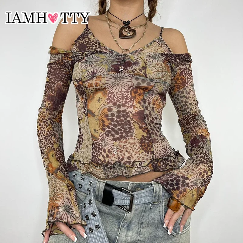 

IAMHOTTY Fake Two Pieces Retro Mesh Top Boho Aesthetic Flare Long Sleeve Vintage T Shirt Sexy Fairycore Pullovers Buttons Tops
