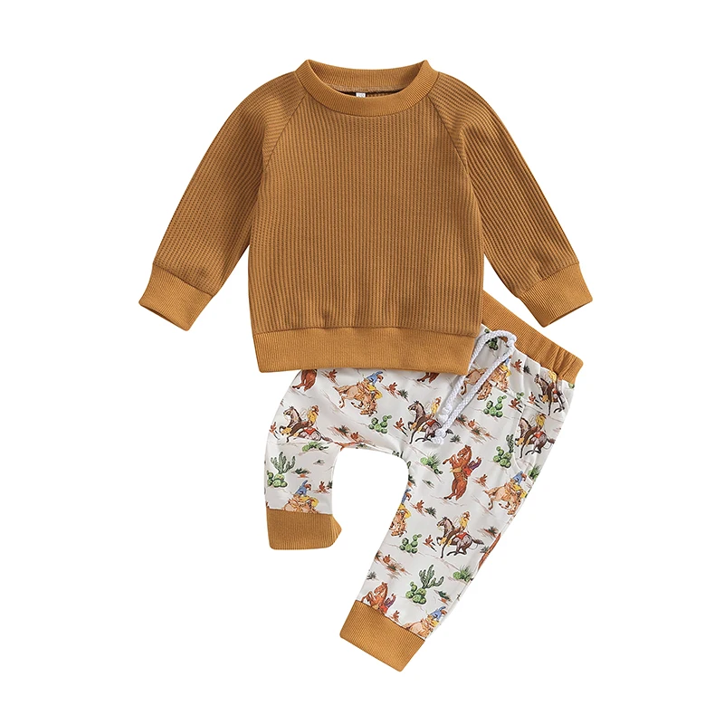 

Осенняя одежда для маленьких мальчиков в западном стиле свитшот с длинным рукавом с вафельным узором Топы штаны для бега с коровьим принтом 2 шт. зимняя одежда женская