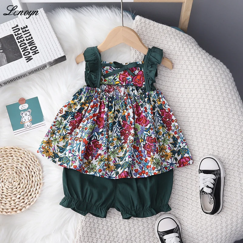 

Lenoyn Summer Girls Set Infant Flying Sleeve Top Shorts Clothing Sets Baby Leaf Sleeveless Shoulder Strap Cover Clothes Sets