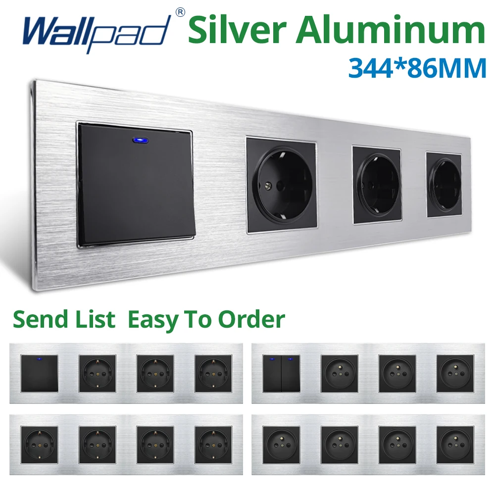 

Wallpad Silver Aluminum Panel 1 2 3 Gang 2 Way Wall Switches With LED Indicator EU Socket 344*86mm AC 110-220V 16A