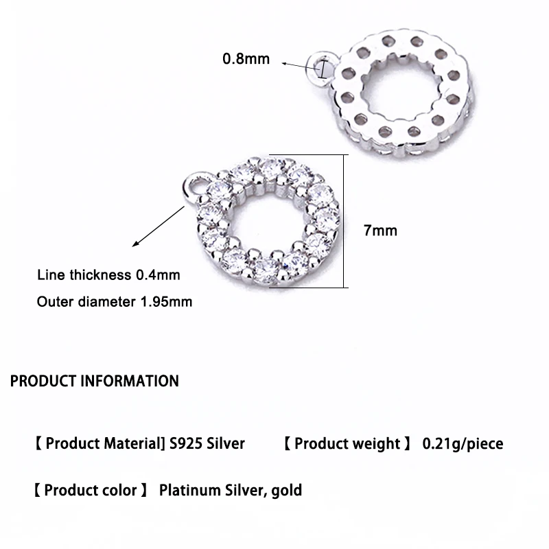 2pcs S925 Sterling Silver Color Micro-inlaid Zircon Fashion Circle Earrings Pendant Accessories Manual DIY Accessories