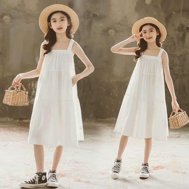 

6 To 14 Years Kids and Teen Girls Suspender Dress 2022 Summer Children White Beach Dress Holiday Clothes, #6916