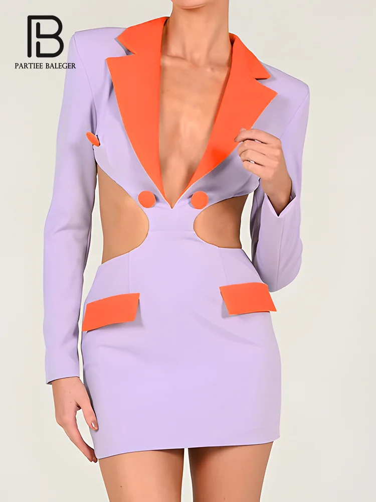 PB Women Blazer Mini Dress Turn-down Collar Sexy Hollow Out Backeless Office Normal Mini Dress Vestidos