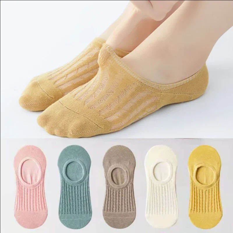 5pairs Womens Socks Women Invisible Boat Socks Summer Toe Socks Silicone Non-slip Ankle Low Female Cotton Show Breathable