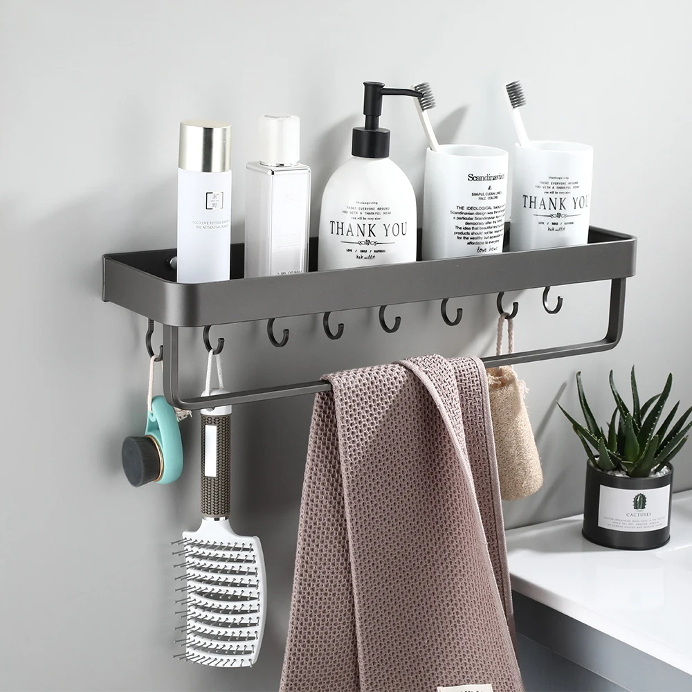 

Shelf Space Aluminum Bathroom Robe Hooks Bath Wall Mounted Shower Shelves Shampoo Holder Towel Bar Bathroom Hardware Accessories