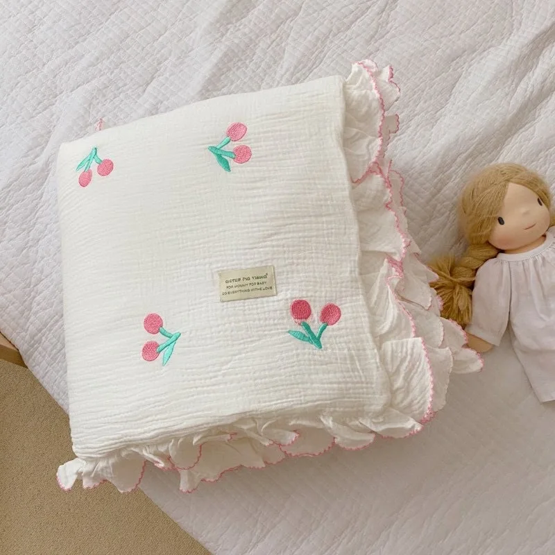 Winter Thick Embroidery Cherry White Muslin Cotton Blanket With Lace Ruffled Baby Quilt Comforter Princess Baby Bed Duvet