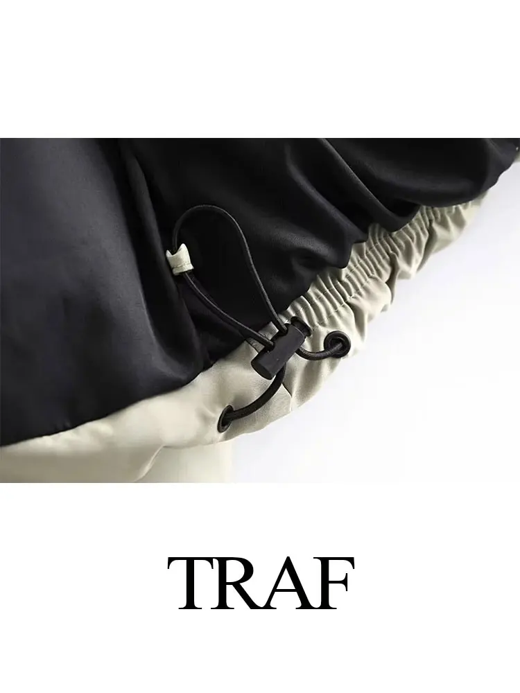 TRAF Women's Cotton Coats Warm Fashion Vintage Solid Long Sleeve High Neck Zipper Pocket Jackets Female Winter Outerwear