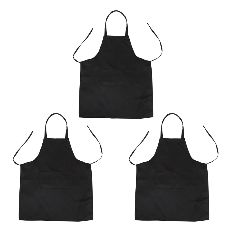 

3X Unisex 2 Pocket Black Kitchen Apron Bib, One Size In Medium