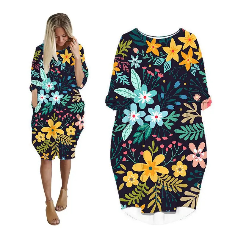 

Платье женское средней длины с длинным рукавом «летучая мышь» и карманами