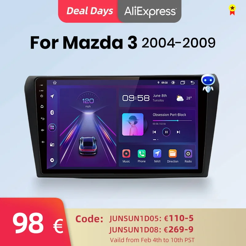 Автомобильный радиоприемник Junsun V1pro с голосовым ии 2 din Android для Mazda 3 bk maxx axel 2004-2013