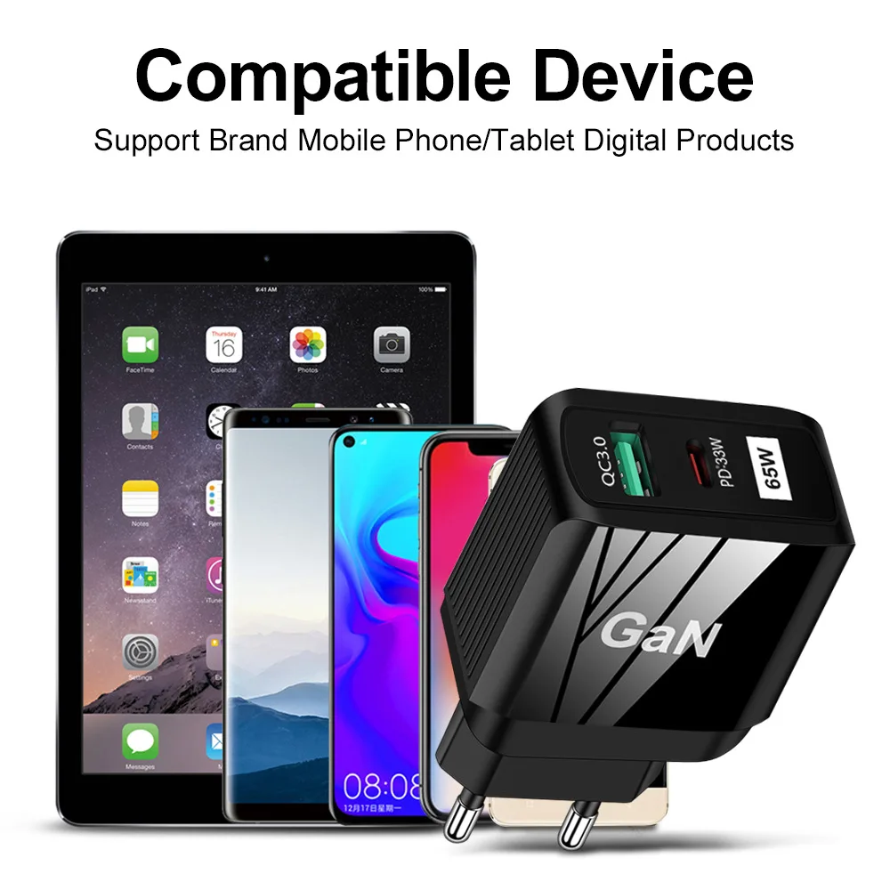 Зарядное устройство PD 65 Вт GaN супербыстрая зарядка QC3.0 USB C стандартный настенный