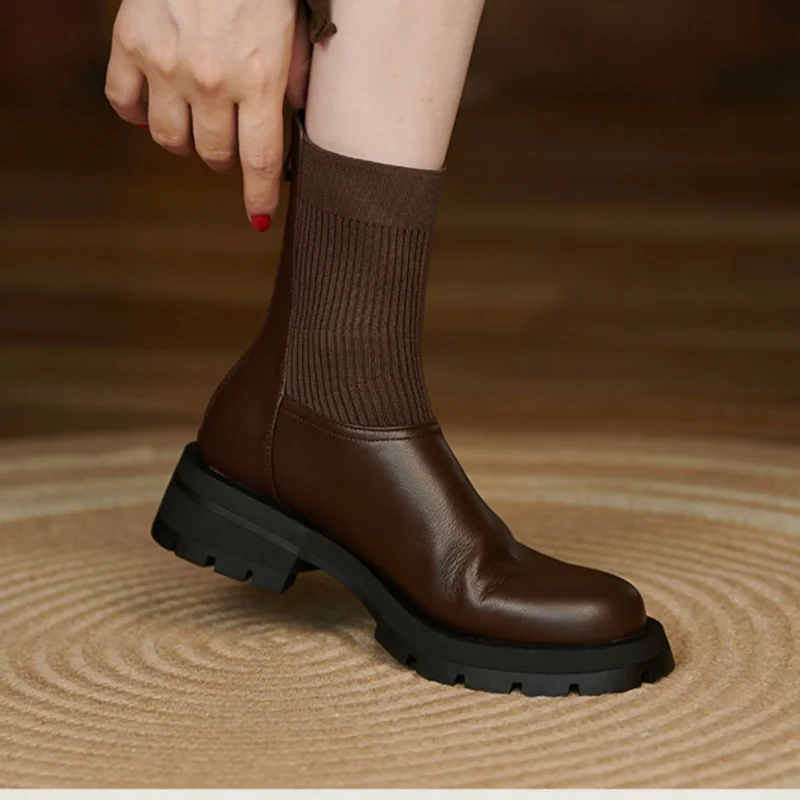 TSTCTB 2022 Autumn Winter Ankle Boots for Women New Splicing Genuine Leather Platforms Thick Heels Sock Boots Casual Shoes Woman