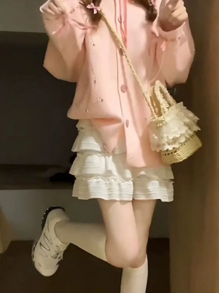 Розовый милый кардиган в Корейском стиле женские теплые вязаные элегантные