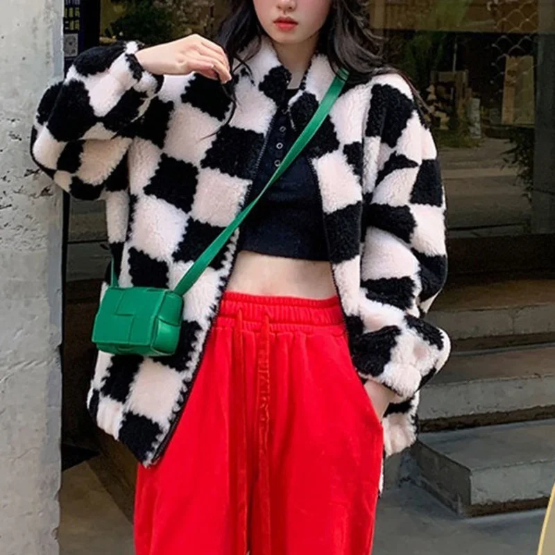 Checkerboard Women's Jacket Faux Fur Teddy Jacket New Retro Checkered Thicken Warm Jacket Ladies Fur Coat Winter Clothes Women