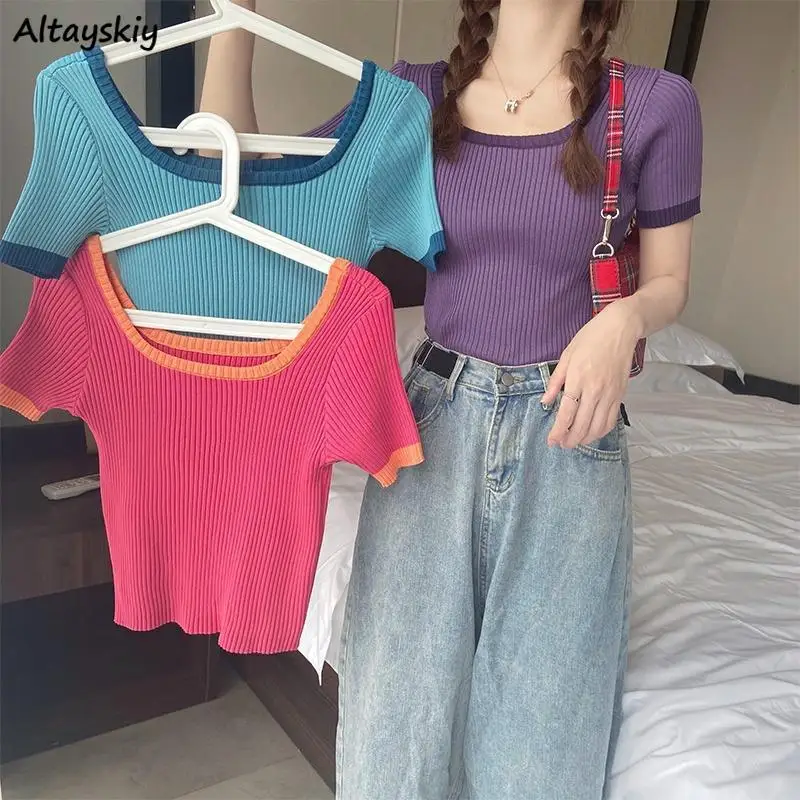 

Футболка женская трикотажная в стиле пэчворк, модная облегающая мягкая уличная одежда с квадратным воротником, пикантная Милая универсаль...