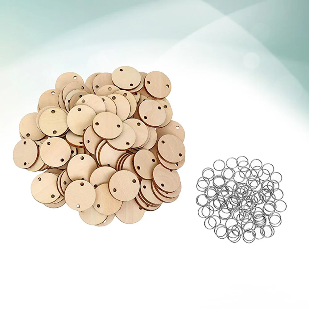 

100pcs Round Wooden Discs with Holes Calendar Tag Reminder Record Wood Chip Birthday Board Tags and 100pcs Iron Rings for