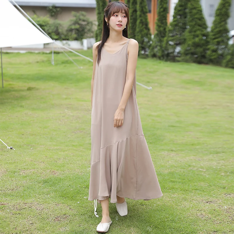 

2023 Dress Korean Edition Summer V-Neck Sleeveless Ruffle Edge Casual Loose Sweetheart Style Free Shipping