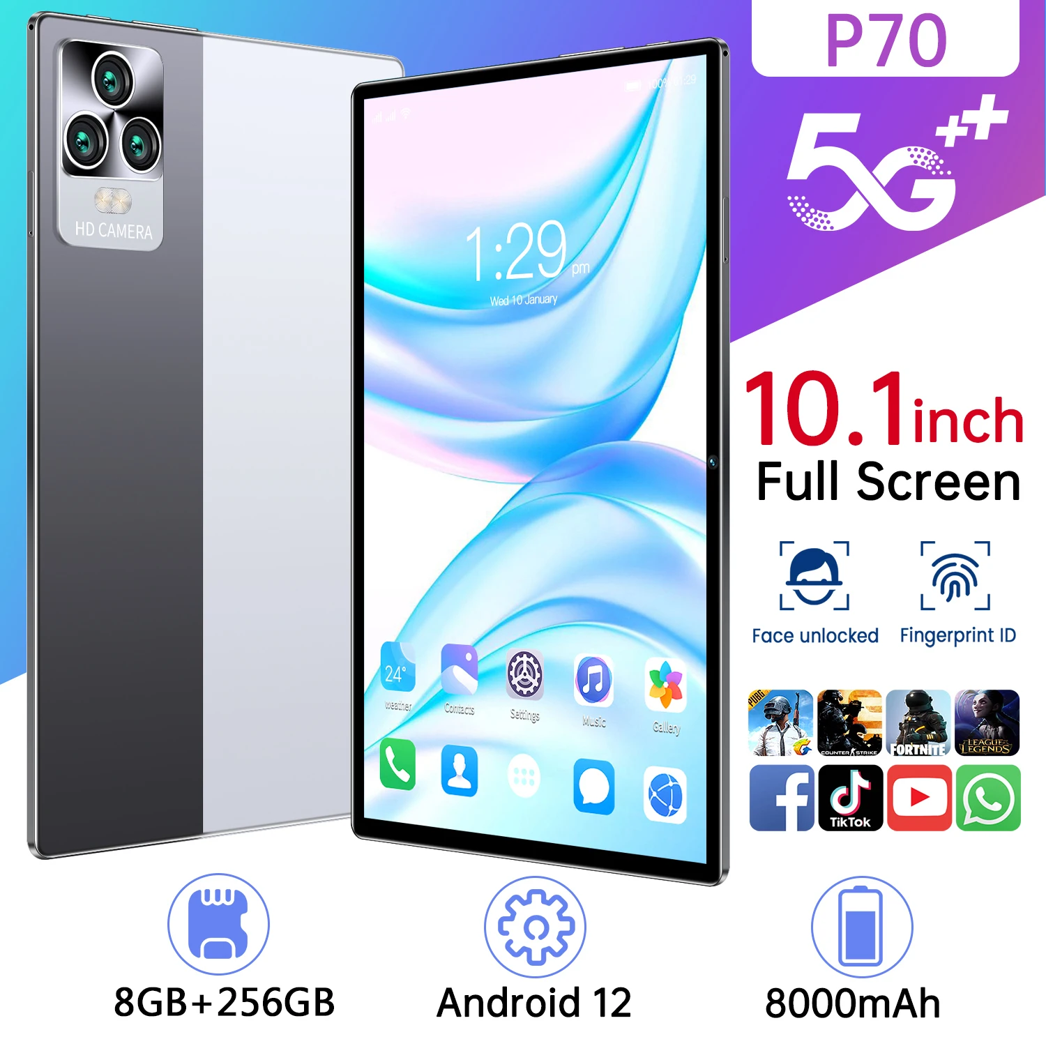 

10.1 Inch Tablet Android 12 P70 512GB Qualcomm 870 Processor 8000mAh Google Play Office Global Version Mini Laptop WiFi Network