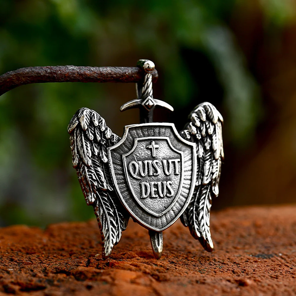 

Vintage Shield And Sword Necklace For Men Stainless Steel Angel Wing Pendant Cross Biker Amulet Jewelry Gifts Dropshipping