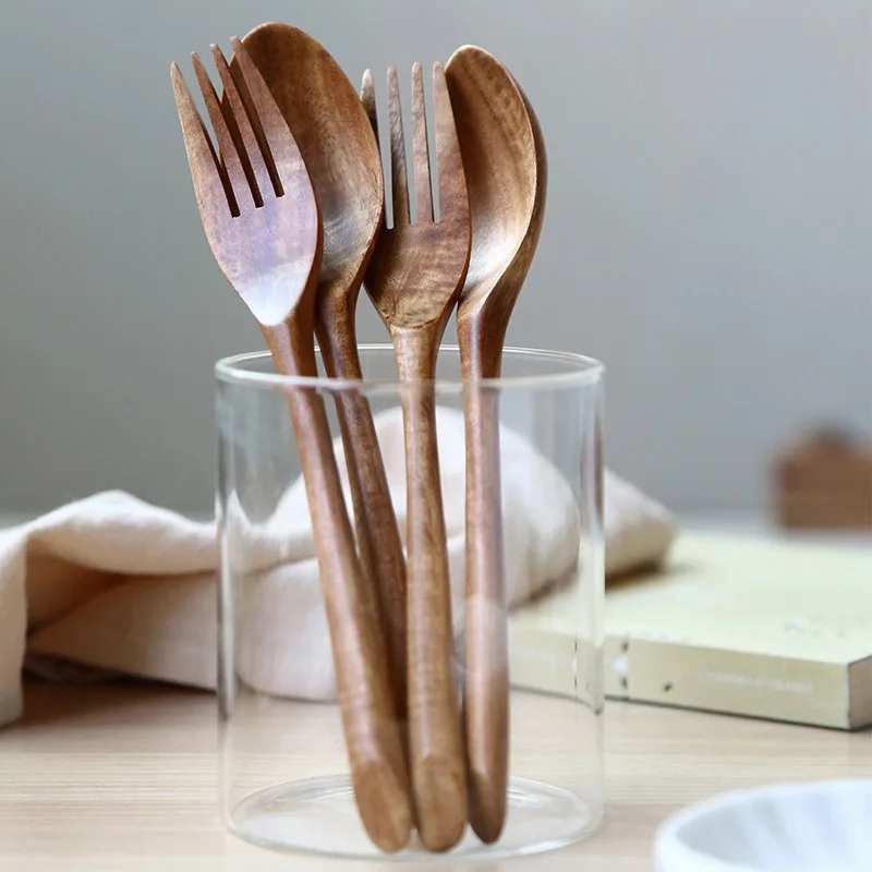 

1Pc Natural Black Walnut Wood Spoon Fork Dinner Eating Drinking Soups Poon Salad Fork Tableware Handmade Household Tableware