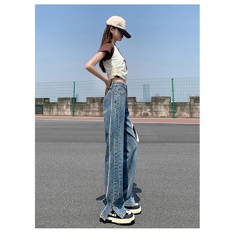 High waisted slit jeans for women's 2023 new long pants dark blue autumn and winter high street wide legs loose and slim micro f