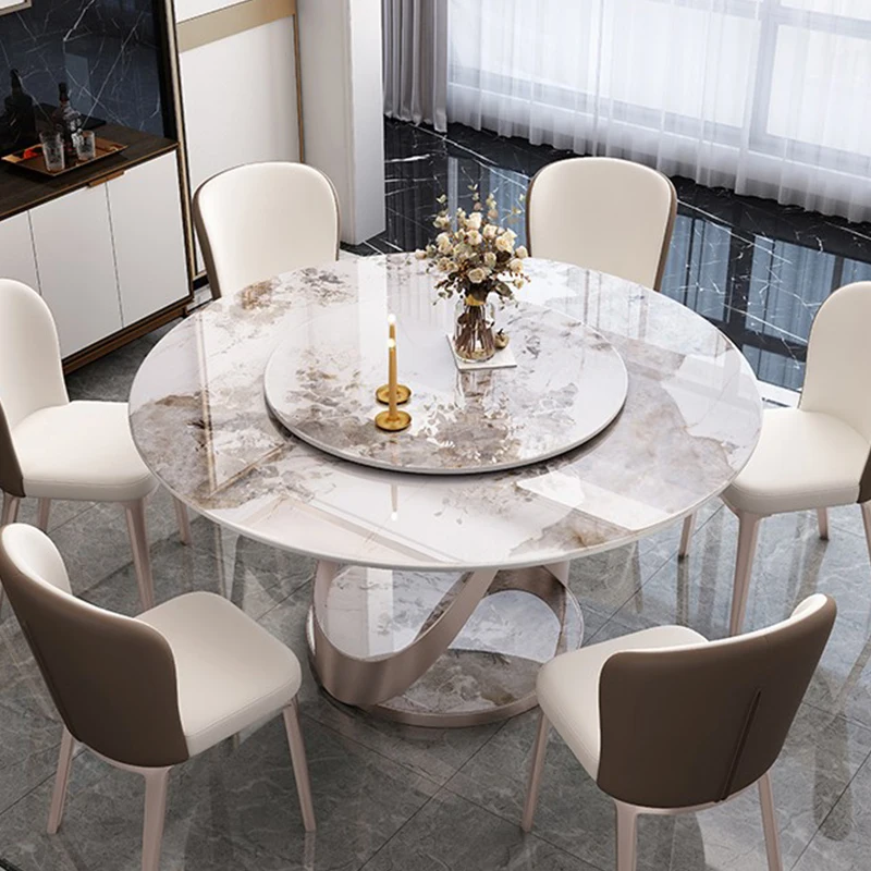 

Italian-style slate dining table is round, luxurious, modern and simple with turntable, and the combination of household dining