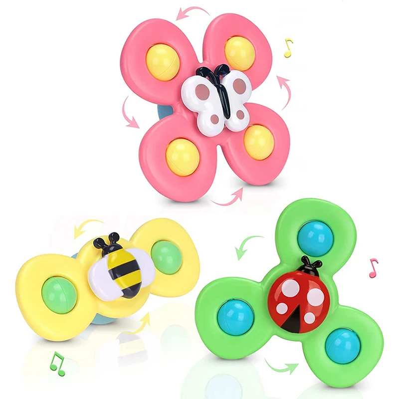 

3Pcs Baby Bath Toys Funny Suction Cup Spinner Toy For Kids Baby Rattles Early Educational Cartoon Insect Fingertip Spinning Top