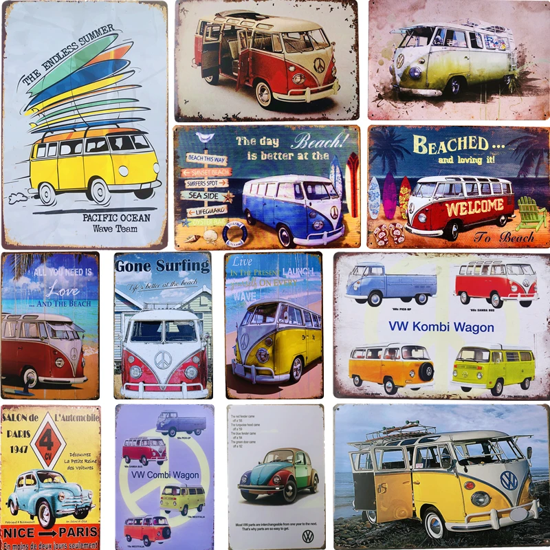 

Винтажный автобус комби-вагон, металлический жестяной знак, художественный плакат, гаражные газовые тарелки, настенные наклейки, декор для ...