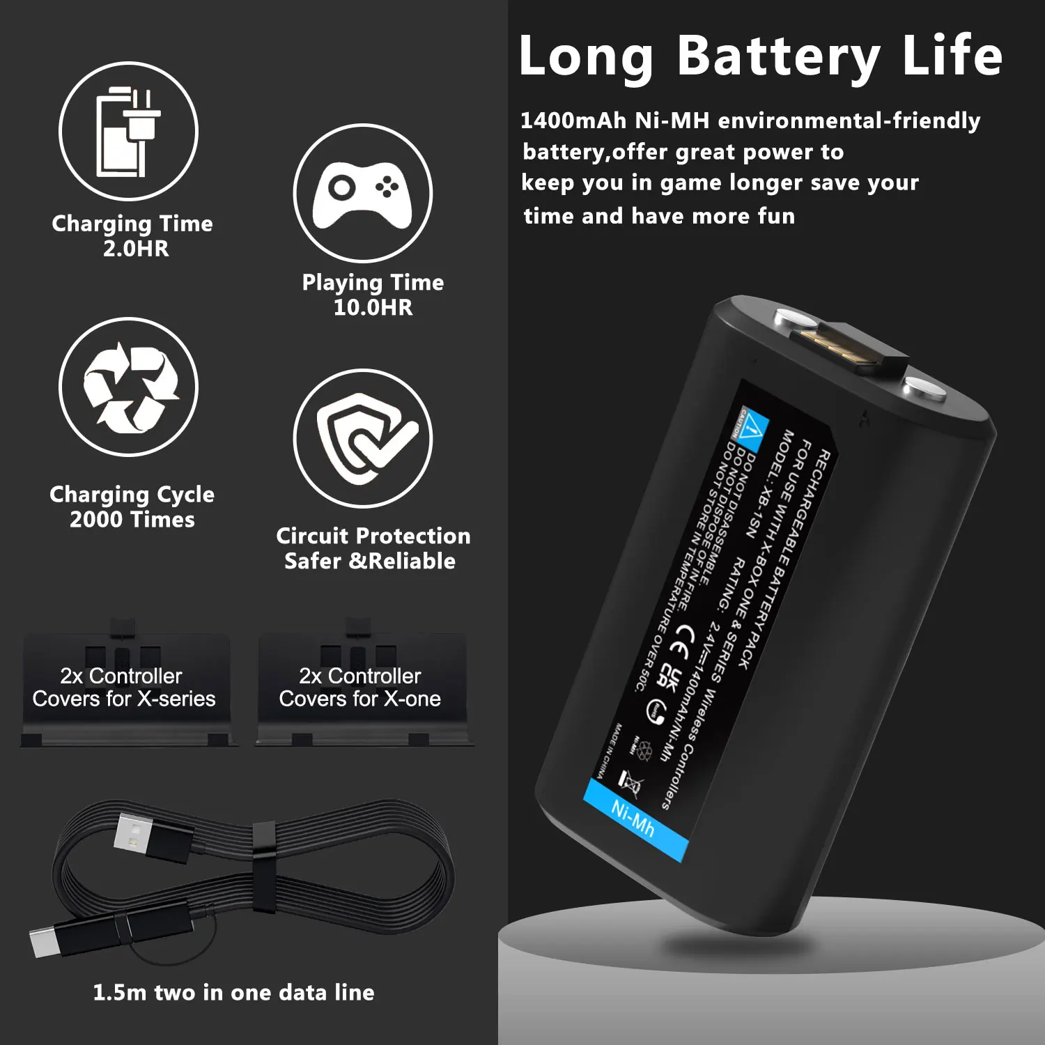 2 шт. NI-MH аккумулятор емкостью 1400 мАч для Xbox Series X | S One Elite + светодиодный зарядный