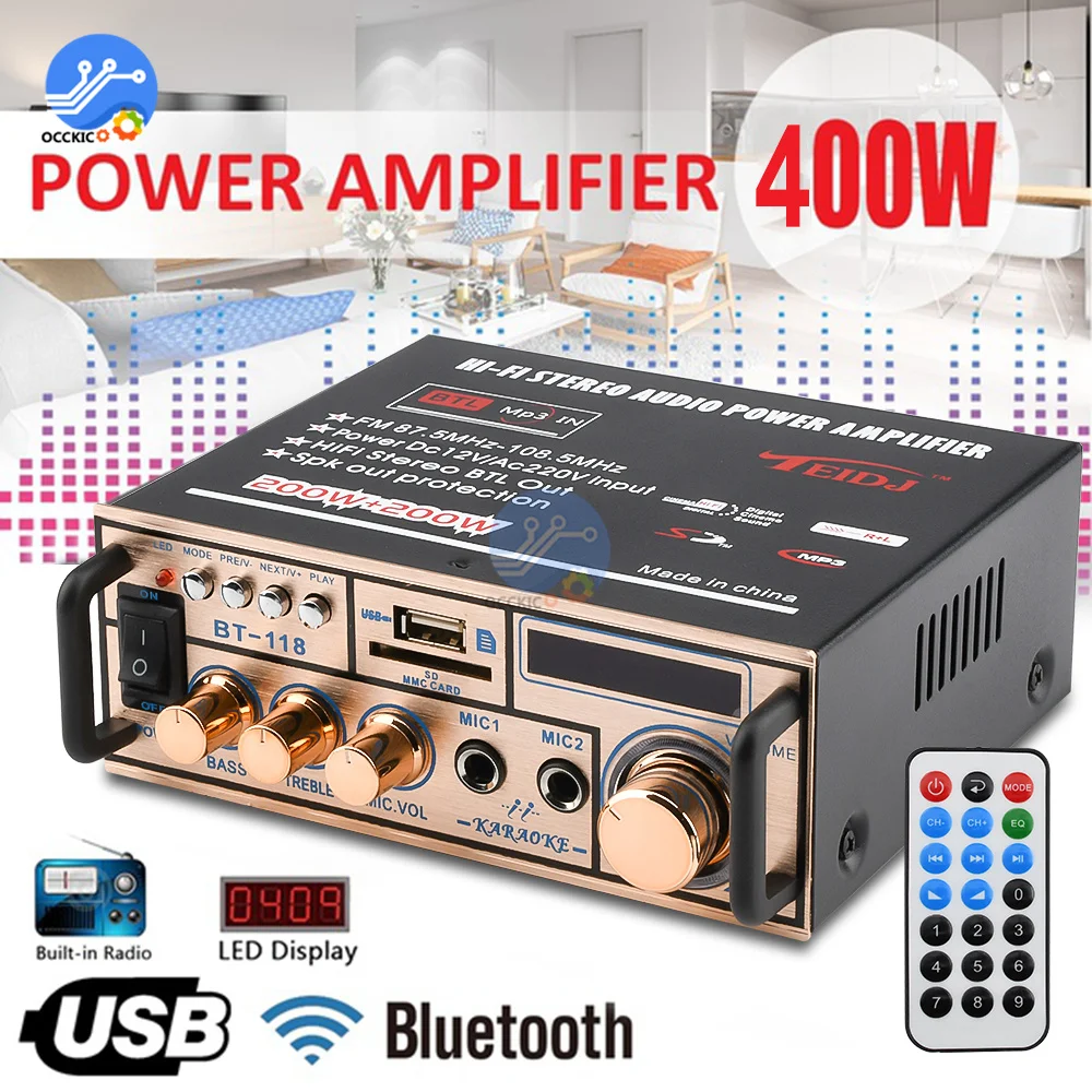 

MiNI HIFI LCD Digital Wireless Bluetooth Audio Power Amplifier Car Bass Home Theater Amplificador Speaker Treble Control FM USB