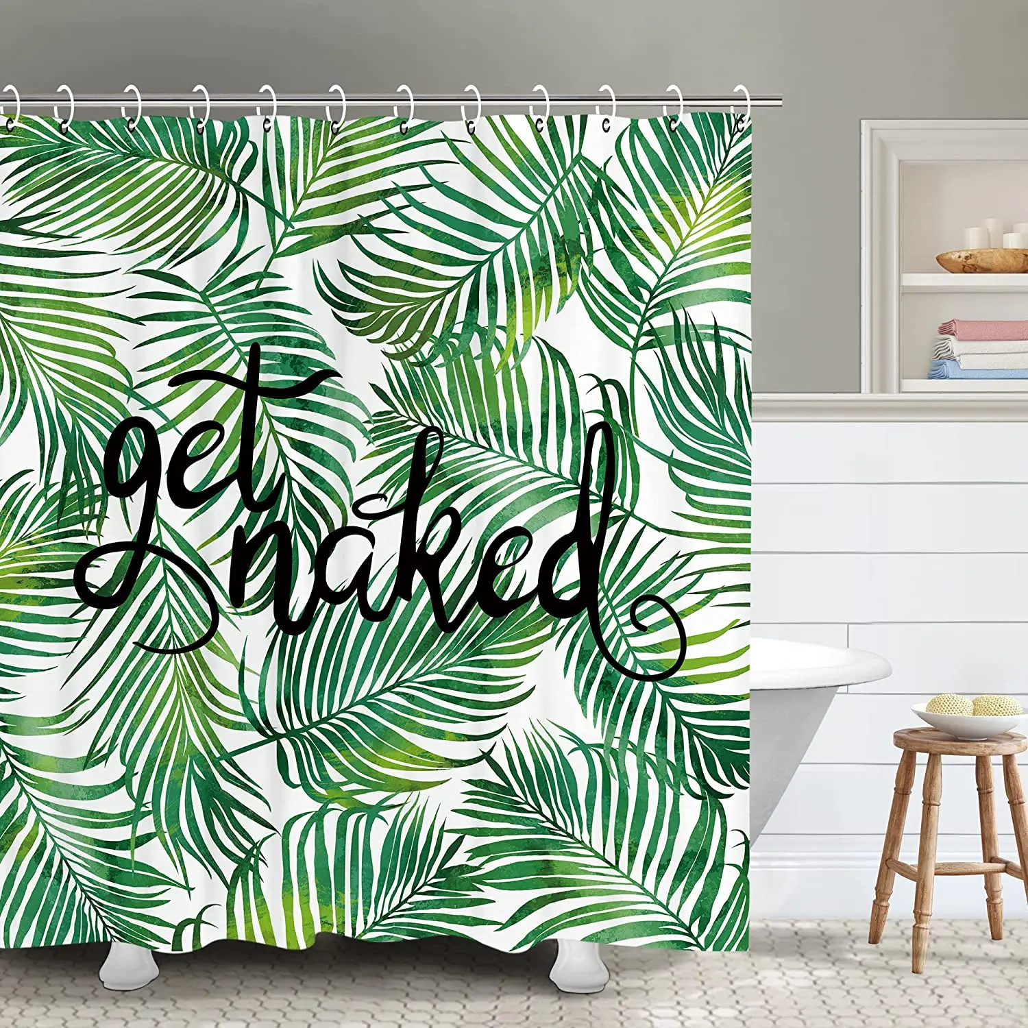 

Get Naked Shower Curtain Green Set with Hooks Waterproof Fabric Tropical Bathroom Decorative Watercolor Green Leaves Curtains