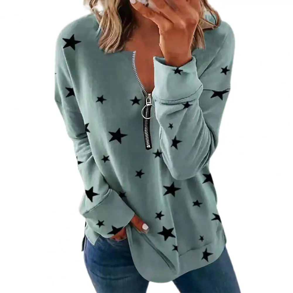 

Women T-shirt Long Sleeve Zipper Decor Round Neck Casual Star Print Pullover Top Female Sweatshirt