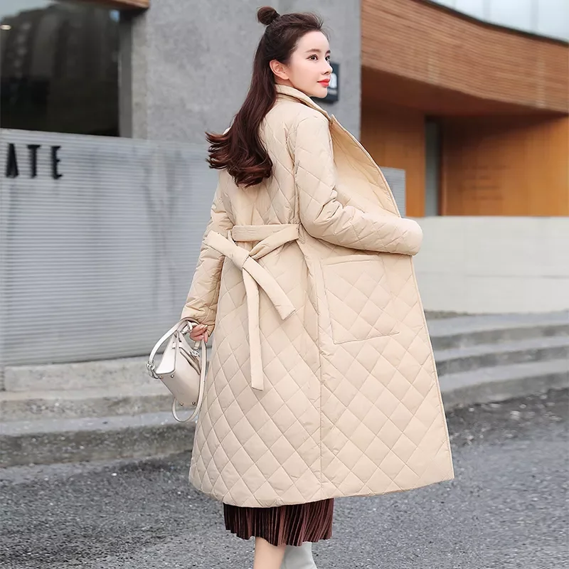 2022New new Woman Jacket Parkas Belted space cotton diamond plaid Coat down Women's over the Knee Winter Clothing Coat