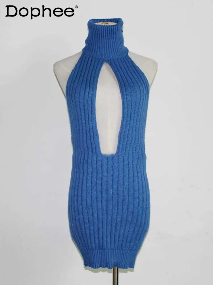 

Модный простой однотонный сексуальный кружевной вязаный женский облегающий свитер-водолазка без рукавов женский Осень 2022