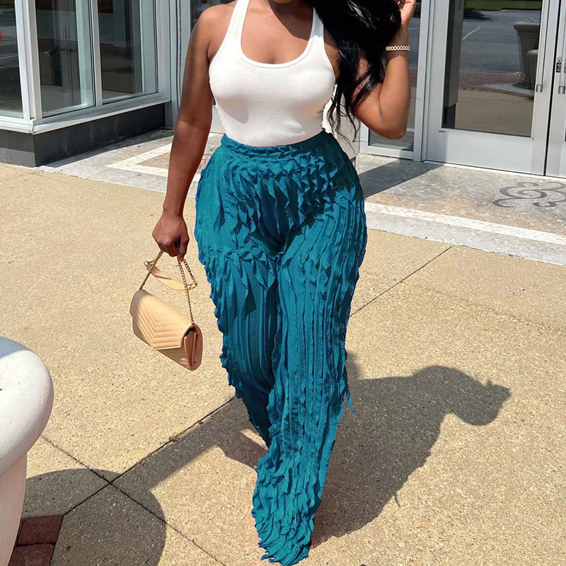 

Znaiml Casual Elastic High Waist Loose Straight Trousers for Women Female Summer Vacation Bottoms Sheer Mesh Wave Ruffles Pants