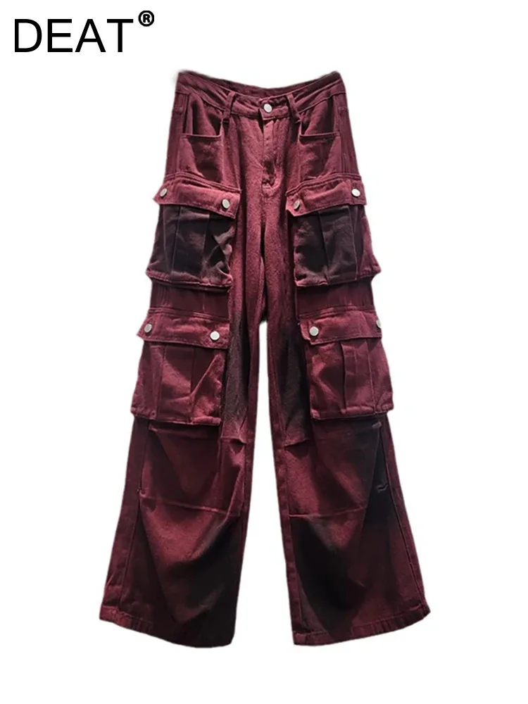 Женские джинсовые брюки-карго DEAT прямые красные брюки с высокой талией и