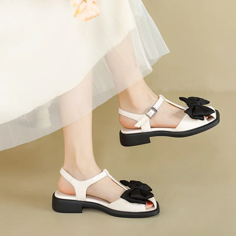 

Classic Girls Platform Sandals Women Block Low Heels Casual Footwear Shoes T-strap Hollow Bowknot Comfort Flat Shoes Summer 43